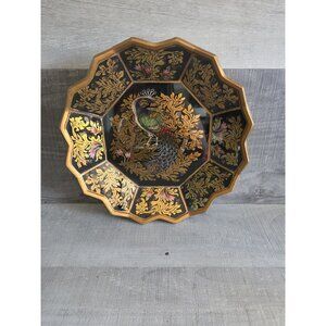 MC Robert Weiss Peacock Reverse Painted Glass/Wood Footed Bowl Peru G30.4